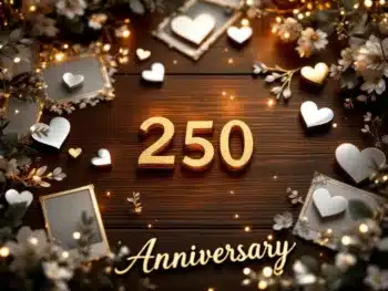 Gouden 25 en 50 jubileum stickers op mahoniehout met decoratieve hart- en bloemen stickers in warm licht