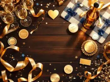 Elegante jubileum stickers in verschillende formaten op houten tafel met gouden linten en champagneglazen