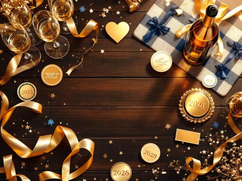 Elegante jubileum stickers in verschillende formaten op houten tafel met gouden linten en champagneglazen