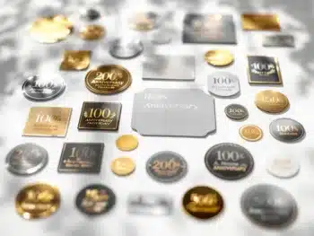 Jubileum stickers in verschillende formaten met gouden en zilveren accenten op witte ondergrond