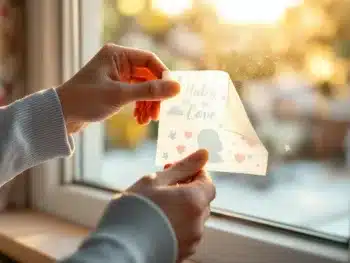 Handen verwijderen voorzichtig geboorteaankondiging sticker van glasraam zonder residu, plastic schraper op vensterbank