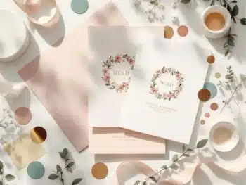 Elegante trouwuitnodigingen in crème en blush tinten met bijpassende decoratieve stickers en lint samples