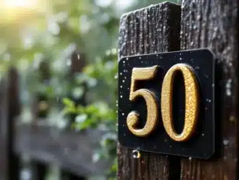 Waterbestendige jubileumstickers met gouden "25" en "50" cijfers op houten paal, regendruppels tonen weerbestendigheid