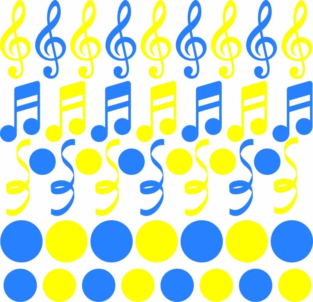 raamsticker carnaval blauw-geel muziek
