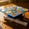Afstudeerhoedja met kleurrijke stickers en gouden accenten op houten bureau omringd door blauw en goud confetti