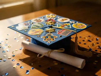 Afstudeerhoedja met kleurrijke stickers en gouden accenten op houten bureau omringd door blauw en goud confetti