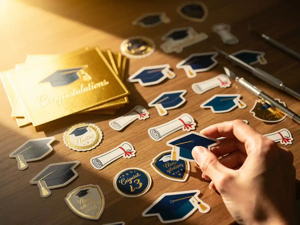 Houten bureau met kleurrijke gepersonaliseerde afstudeerstickers in creatieve vormen naast gouden felicitatiekaarten en ambachtelijke gereedschappen in warm zonlicht