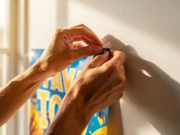 Handen bevestigen kleurrijke afstudeerbanner aan witte muur met transparante strips in natuurlijk daglicht