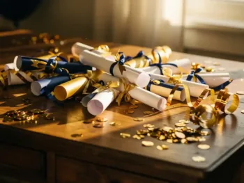 Houten bureau met gouden, donkerblauwe en witte afstudeerdecoraties, diploma's, confetti en linten in warm zonlicht