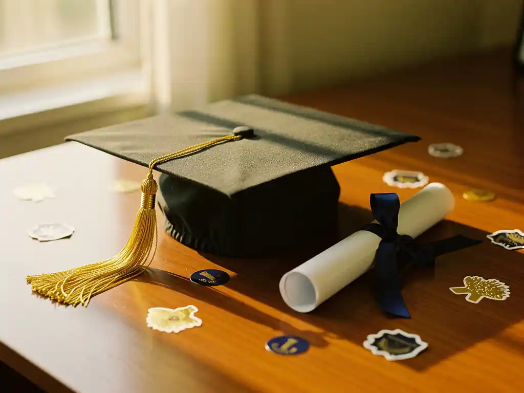 Afstudeerpet met gouden kwast en opgerold diploma met marineblauw lint op houten bureau, omringd door gouden stickers