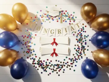 Kleurrijke afstudeerdecoraties met gouden en blauwe ballonnen, confetti en diploma-uitsneden symmetrisch gerangschikt op witte houten tafel