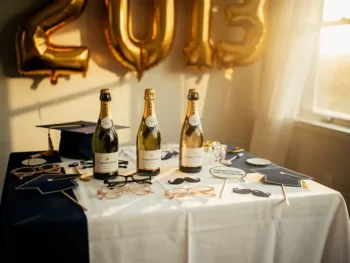 Elegante afstudeertafel met gouden folieballonnen, gepersonaliseerde champagneflessen en fotobooth-accessoires in warm zonlicht