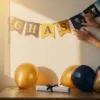 Hand plaatst kleurrijke felicitatiebanner aan witte slaapkamermuur, diploma en ballonnen op houten bureau, gouden zonlicht