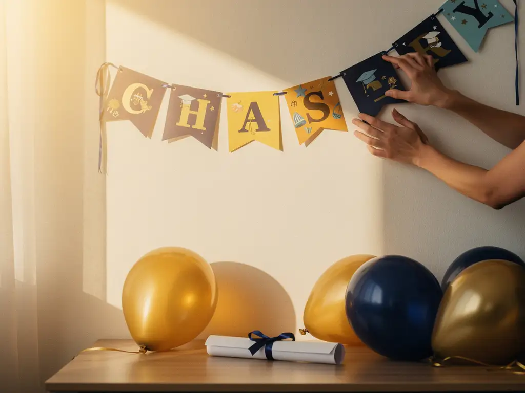 Hand plaatst kleurrijke felicitatiebanner aan witte slaapkamermuur, diploma en ballonnen op houten bureau, gouden zonlicht