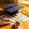 Afstudeerpet op houten bureau met gepersonaliseerde stickers, foto's van afgestudeerden en gereedschap in warm zonlicht