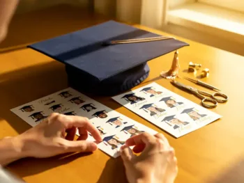 Afstudeerpet op houten bureau met gepersonaliseerde stickers, foto's van afgestudeerden en gereedschap in warm zonlicht