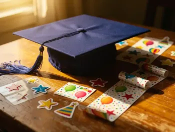 Afstudeerpet met kwast op houten bureau omringd door kleurrijke viering stickers in gouden namiddaglicht