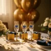 Elegante afstudeertafel met gepersonaliseerde stickers op champagneglazen, gouden ballonnen en verse bloemen in warm licht