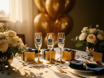 Elegante afstudeertafel met gepersonaliseerde stickers op champagneglazen, gouden ballonnen en verse bloemen in warm licht