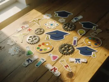 Houten bureau met kleurrijke afstudeerstickers en diploma-decals van verschillende academische vakgebieden in warm natuurlijk licht