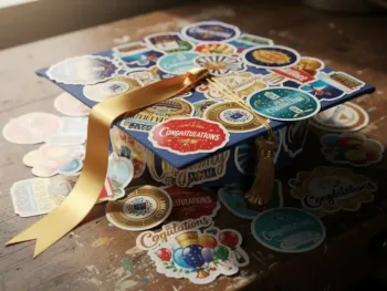 Afstudeerpet omringd door kleurrijke felicitatiestickers en feestdecoraties op houten bureau met gouden diplomalint