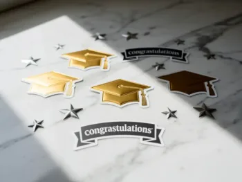 Elegante feestelijke stickers met gouden afstudeerpetjes, zwart-witte felicitatiebanner en zilveren sterren op wit marmer