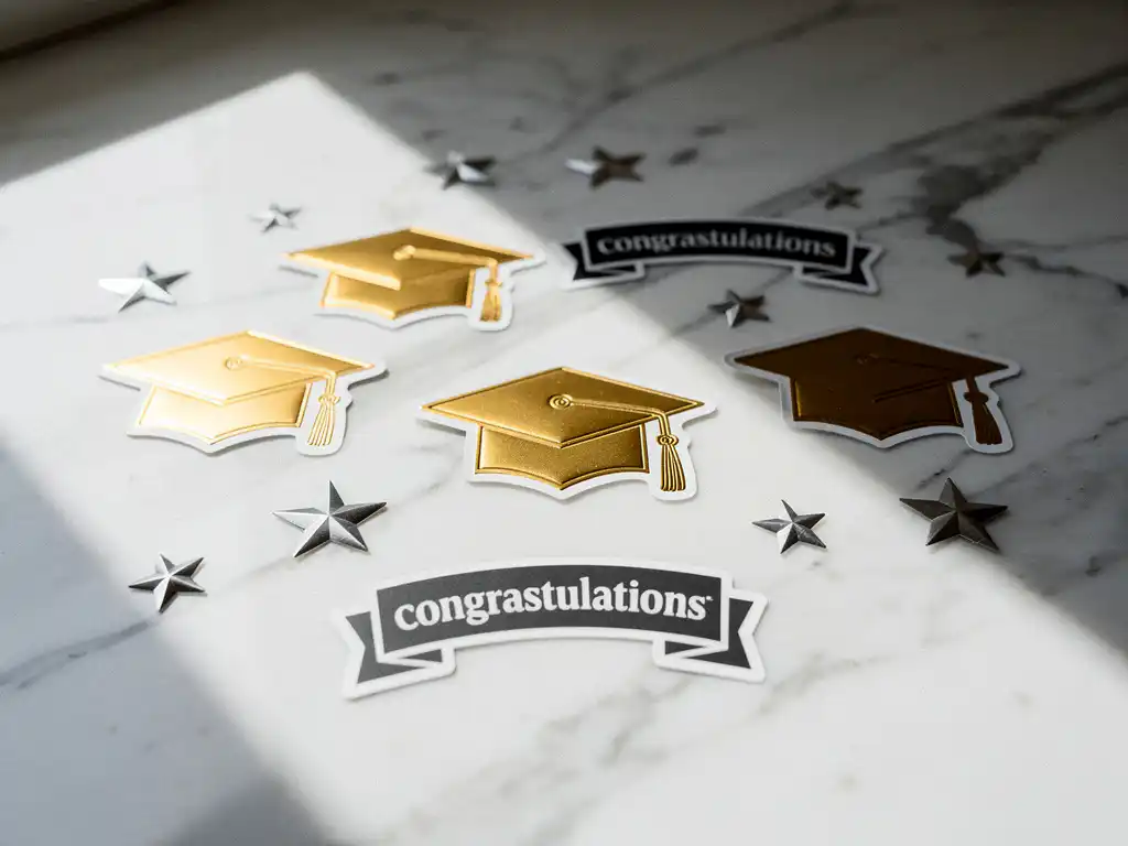 Elegante feestelijke stickers met gouden afstudeerpetjes, zwart-witte felicitatiebanner en zilveren sterren op wit marmer