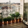 Gezellig appartementbalkon met weerbestendige muurstickers op glazen balustrade en plantenbakken met decoratieve vinyl decals, weelderige groene planten tegen witte reling.