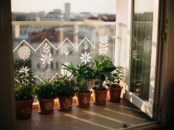 Gezellig appartementbalkon met weerbestendige muurstickers op glazen balustrade en plantenbakken met decoratieve vinyl decals, weelderige groene planten tegen witte reling.
