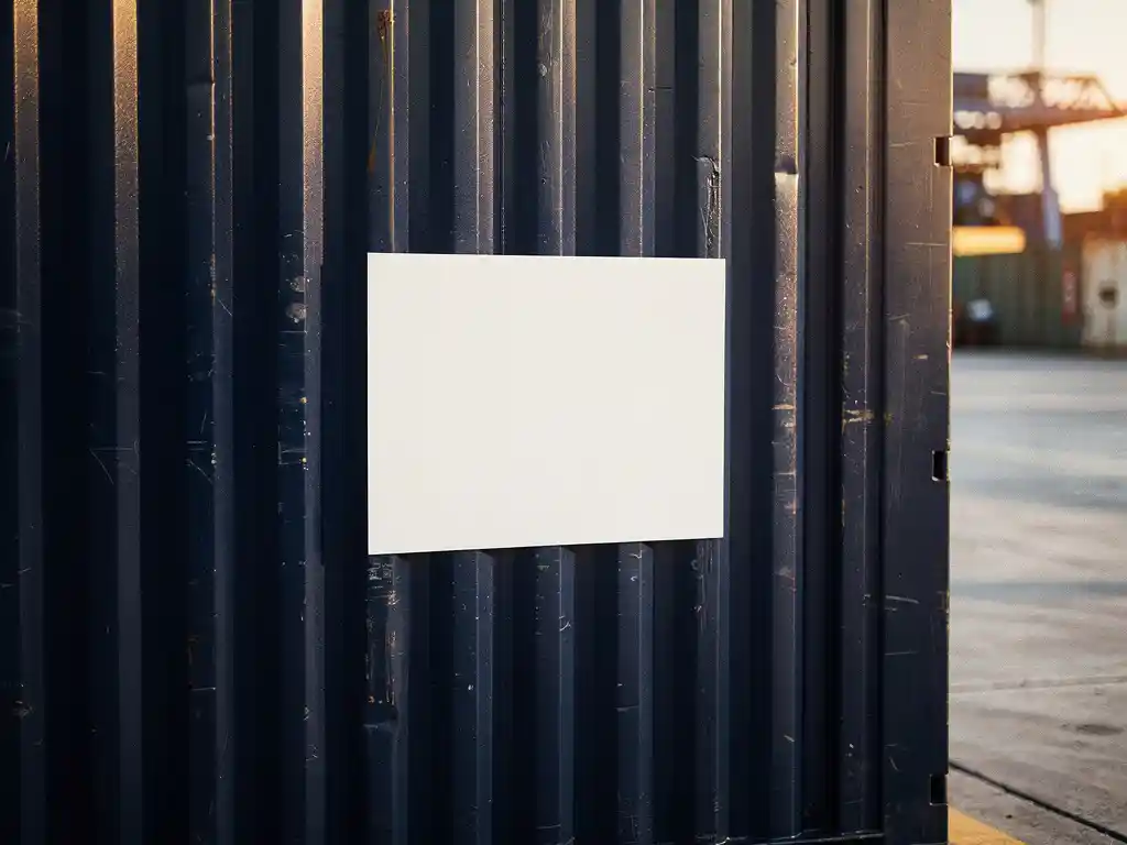 Witte rechthoekige sticker op donkerblauwe scheepscontainer in industriële haven met zachte betonnen achtergrond