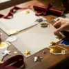 Houten bureau met diploma's, certificaten en gouden afstudeerstickers in warm zonlicht