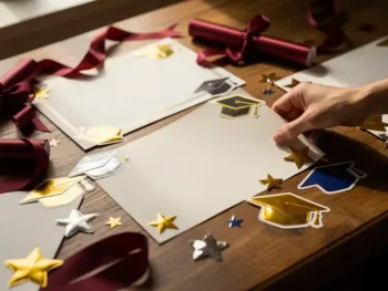 Houten bureau met diploma's, certificaten en gouden afstudeerstickers in warm zonlicht