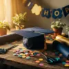 Afstudeerhoed omringd door kleurrijke zelfgemaakte feestdecoraties, knutselpapier en scharen op houten tafel in warm gouden licht