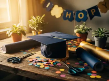 Afstudeerhoed omringd door kleurrijke zelfgemaakte feestdecoraties, knutselpapier en scharen op houten tafel in warm gouden licht