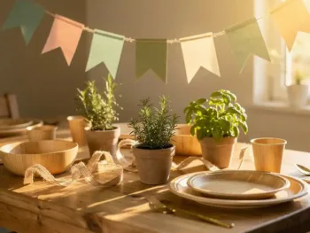 Milieuvriendelijke feestdecoraties op houten tafel met bamboe servies, kruiden als middenstuk en pastelkleurige slingers