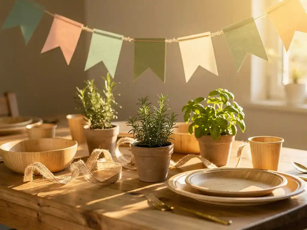 Milieuvriendelijke feestdecoraties op houten tafel met bamboe servies, kruiden als middenstuk en pastelkleurige slingers