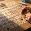 Houten knutseltafel met kleurrijke vieringstickers gerangschikt per leeftijdsgroep, scharen en gereedschap ernaast, handen reikend naar stickers in warm middaglicht