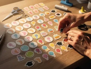 Houten knutseltafel met kleurrijke vieringstickers gerangschikt per leeftijdsgroep, scharen en gereedschap ernaast, handen reikend naar stickers in warm middaglicht