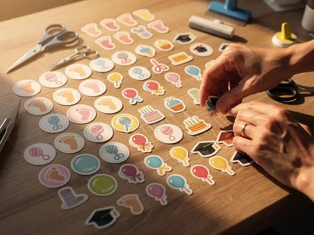 Houten knutseltafel met kleurrijke vieringstickers gerangschikt per leeftijdsgroep, scharen en gereedschap ernaast, handen reikend naar stickers in warm middaglicht