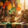 Feestelijke eettafel met kleurrijke stickers, ballonnen en slingers terwijl vrienden lachen in warm gouden licht
