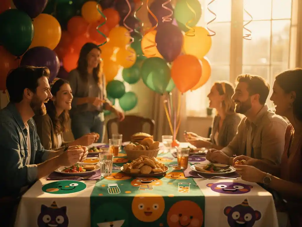Feestelijke eettafel met kleurrijke stickers, ballonnen en slingers terwijl vrienden lachen in warm gouden licht