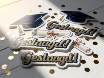 Kleurrijke geslaagd stickers met afstudeerpetjes en diploma's op witte houten ondergrond met gouden confetti