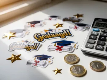 Kleurrijke "Geslaagd!" stickers en diploma-ontwerpen verspreid over wit bureau met rekenmachine en euromunten