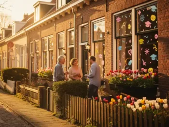 Nederlandse woonstraat met kleurrijke afstudeerstickers op ramen, buren in gesprek over tuinhekken, voorjaarstulpen in bloembakken