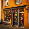 Nederlandse woning met kleurrijke raamstickers en decoraties ter viering van een diploma-uitreiking in gouden avondlicht