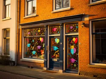 Nederlandse woning met kleurrijke raamstickers en decoraties ter viering van een diploma-uitreiking in gouden avondlicht