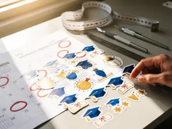 Ontwerpersdesk met kleurrijke afstudeerstickers, kalender met mei en juni maanden gemarkeerd met rode cirkels, meetlint en snijgereedschap