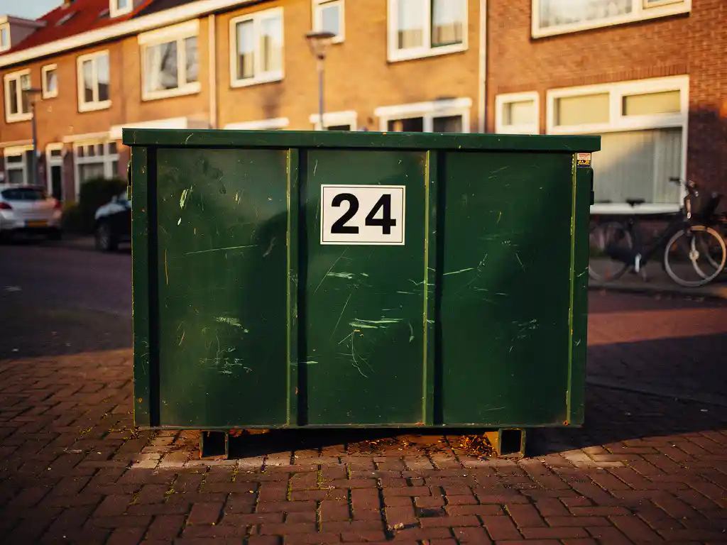 Groene afvalcontainer met huisnummersticker op Nederlandse straat met bakstenen bestrating en rijtjeshuizen