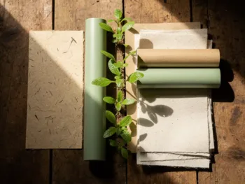 Milieuvriendelijke stickermaterialen op rustiek hout met groene zaailingen, biodegradeerbaar papier en plantaardige vinyl rollen