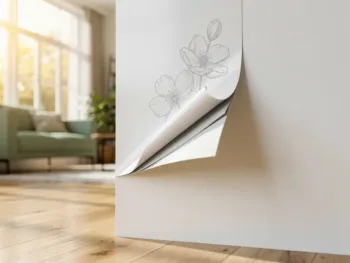 Witte muursticker met elegante bloemmotieven die loslaat in de hoek, op eiken vloer in moderne Nederlandse woning